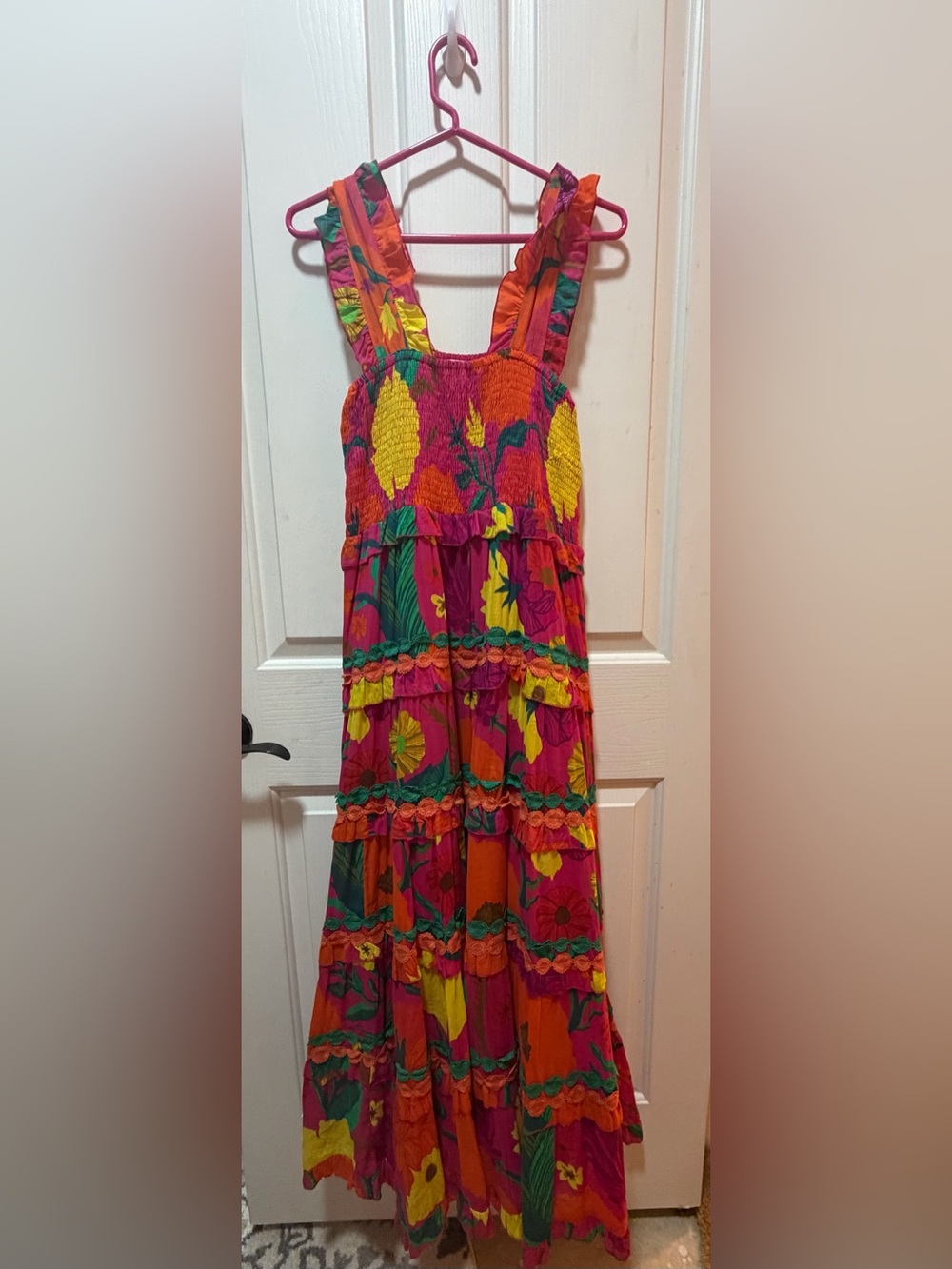 OHANA Magenta Floral Tiered Maxi Dress with Yellow and Green